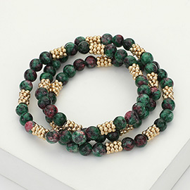 3PCS - Natural Stone Metal Bubble Bar Beaded Stretch Multi Layered Bracelets 