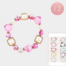 12PCS - Square Pearl Cluster Faceted Beaded Stretch Bracelets