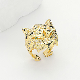 CZ Stone Paved Brass Metal Leopard Ring