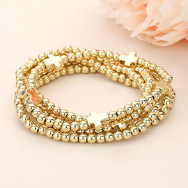 5PCS - Metal Cross Ball Beaded Stretch Multi Layered Bracelets