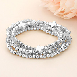 5PCS - Metal Cross Ball Beaded Stretch Multi Layered Bracelets