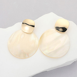 Brushed Metal Mother Of Pearl Round Shell Earrings