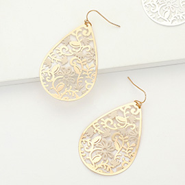 Brass Metal Filigree Teardrop Dangle Earrings