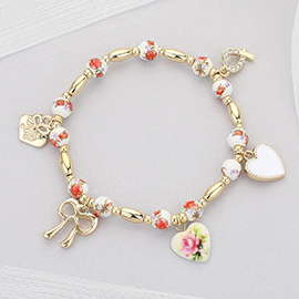 Metal Bow Enamel Heart Charm Station Floral Ceramic Ball Beaded Stretch Bracelet