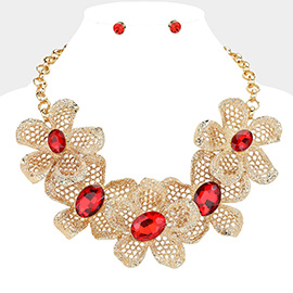 Oval Glass Stone Accented Metal Flower Link Statement Necklace