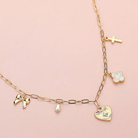 Heart Bow Pearl Quatrefoil Cross Charm Station Paperclip Chain Necklace