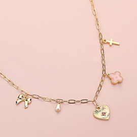 Heart Bow Pearl Quatrefoil Cross Charm Station Paperclip Chain Necklace