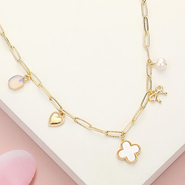 Quatrefoil Bow Heart Pearl Charm Station Paperclip Chain Necklace