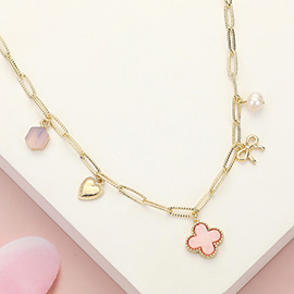 Quatrefoil Bow Heart Pearl Charm Station Paperclip Chain Necklace