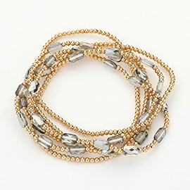 6PCS - Skinny Metal Ball Rectangle Faceted Beaded Stretch Multi Layered Bracelets