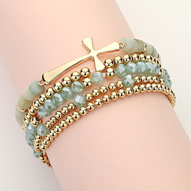 5PCS - Metal Cross Accented Faceted Beaded Stretch Multi Layered Bracelets