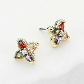 14K Gold Plated Colorful CZ Stone Embellished Clover Stud Earrings