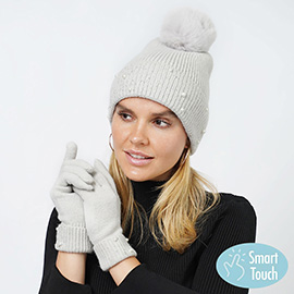 Pearl Stone Deco Embellished Pom Pom Beanie Hat Touch Smart Gloves Set