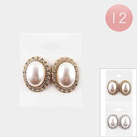 12PCS - Rhinestone Trimmed Oval Pearl Clip on Earrings