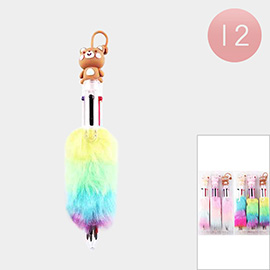 12PCS - Bear Character Tip Fuzzy Rainbow Fur Ball Pens