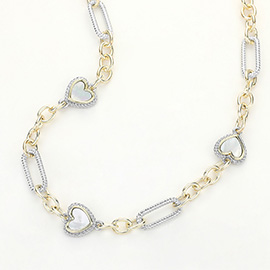 14K Gold Plated Mother of Pearl Heart Station Two Tone Oval Chain Necklace