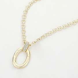 14K Gold Plated CZ Stone Paved Link Hammered Oval Ring Pendant Necklace