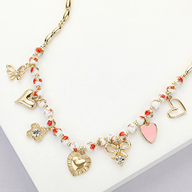 Heart Butterfly Bow Charm Station Ceramic Ball Beaded Necklace