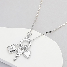 Stone Paved Key Metal Lock Heart Charms Pendant Paperclip Chain Necklace