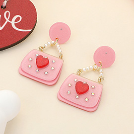 Glittered Resin Pearl Heart Handbag Dangle Earrings