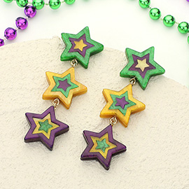 Glittered Resin Mardi Gras Triple Star Link Dropdown Earrings