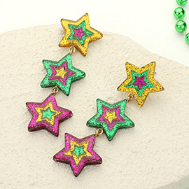 Glittered Resin Mardi Gras Triple Star Link Dropdown Earrings