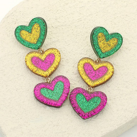 Glittered Resin Mardi Gras Triple Heart Link Dropdown Earrings