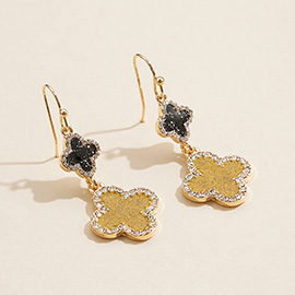 Stone Rim Glittered Quatrefoil Link Dangle Earrings