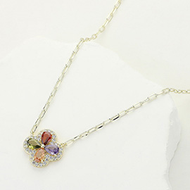 14K Gold Plated Colorful CZ Stone Embellished Quatrefoil Pendant Necklace