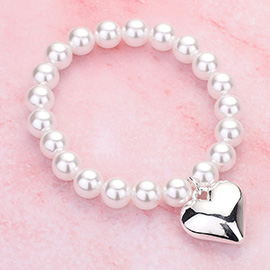 Metal Heart Charm Pearl Beaded Stretch Bracelet