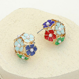 Pearl Enamel Flower Cluster Stud Earrings