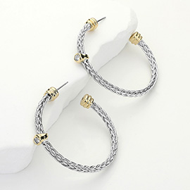 14K Gold Plated CZ Stone Bezel Pointed Two Tone Braided Hoop Earrings