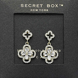 SECRET BOX_14K Gold Dipped CZ Stone Paved Quatrefoil Dangle Earrings