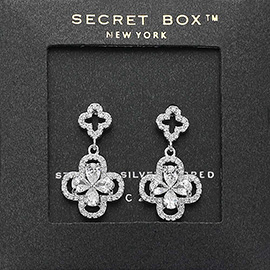 SECRET BOX_Sterling Silver Dipped CZ Stone Paved Quatrefoil Dangle Earrings