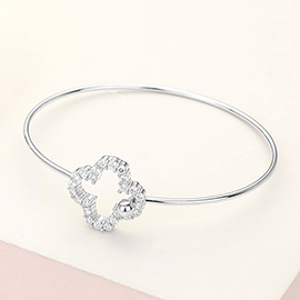 CZ Stone Paved Open Quatrefoil Accented Bangle Bracelet