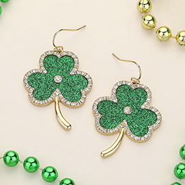 St Patricks Day Stone Embellished Glittered Shamrock Clover Dangle Earrings