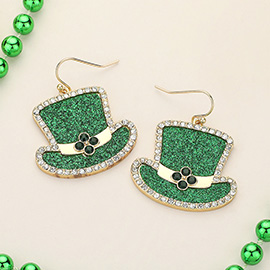 St Patricks Day Stone Embellished Glittered Leprechaun Hat Dangle Earrings