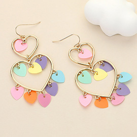 Heart Sequin Embellished Double Open Heart Link Dangle Earrings