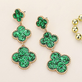 St Patricks Day Triple Glittered Quatrefoil Link Dropdown Earrings