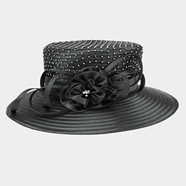 Stone Embellished Flower Bow Accented Dressy Hat