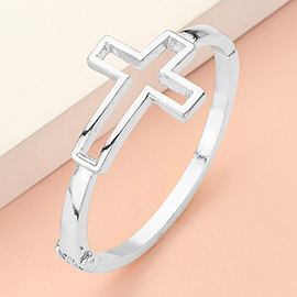 Open Metal Cross Accented Hinged Bangle Bracelet