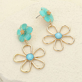 Stone Embellished Wire Flower Dangle Earrings