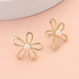 Pearl Centered Metal Flower Earrings