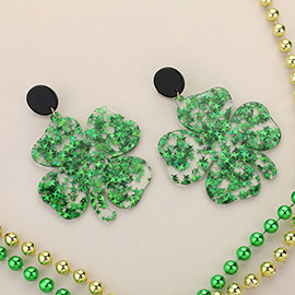 St Patricks Day Resin Glittered Four Leaf Clover Dangle Earrings