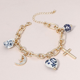 Ceramic Heart Ball Cup Stone Paved Crescent Metal Cross Charm Station Bracelet