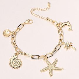 Metal Starfish Shell Palm Tree Dolphin Pearl Shell Charm Station Paperclip Chain Bracelet