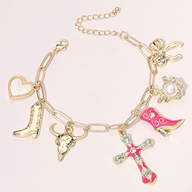 Stone Paved Enamel Cross Cowboy Boot Metal Steer Head Bow Pearl Heart Charm Station Chain Bracelet