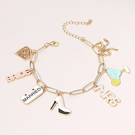 Enamel BRIDE Just MARRIED MRS Message Cocktail High Heel Jewel Bow Charm Station Bracelet