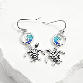 Enamel Wave Antique Metal Sea Turtle Link Dangle Earrings