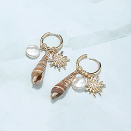 Miter Shell Pearl Starburst Charm Dangle Huggie Earrings